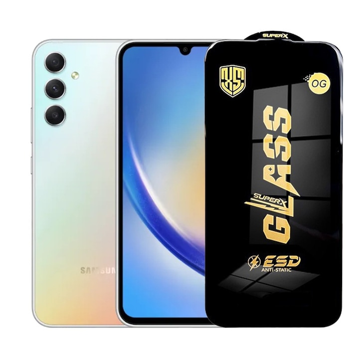 Folie de Protectie pentru Samsung Galaxy A34, Cyrax, Sticla Securizata ESD, Margini Negre, Rezistenta la Zgirieturi, Antistatica, 0.35 mm, Transparenta