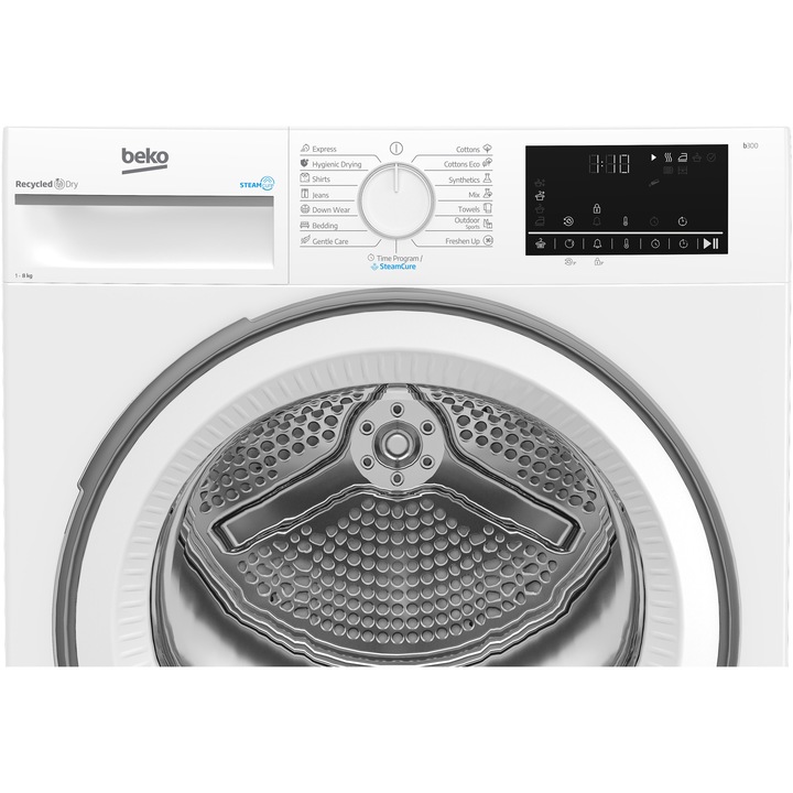 Uscator de rufe Beko B3T48239WEU, Pompa de caldura, 8 kg, 15 programe, Clasa D, Alb, SteamCure, RecycledDry, EcoGentle, Aquawave