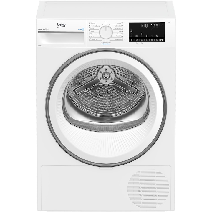 Uscator de rufe Beko B3T48239WEU, Pompa de caldura, 8 kg, 15 programe, Clasa D, Alb, SteamCure, RecycledDry, EcoGentle, Aquawave