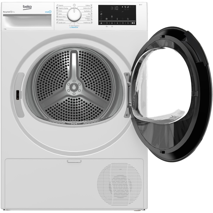 Uscator de rufe Beko B3T48239WEU, Pompa de caldura, 8 kg, 15 programe, Clasa D, Alb, SteamCure, RecycledDry, EcoGentle, Aquawave