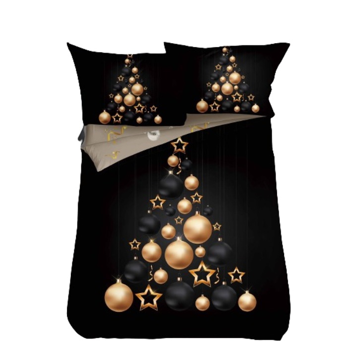Lenjerie de Pat, Bumbac Satinat, 1 Persoana, 4 Piese, Imprimeu Brad din Globuri, 155x220cm, Negru-Auriu
