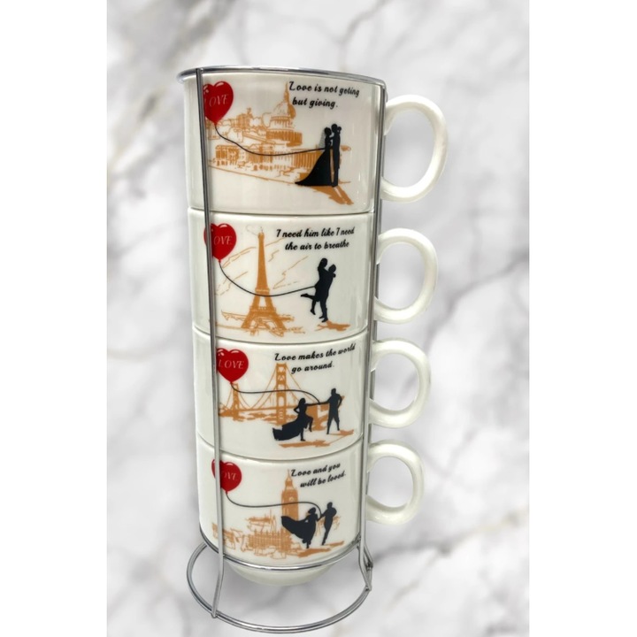 Set 4 cesti Cafea Ceramica 200ml cu suport Inox, negru, modern