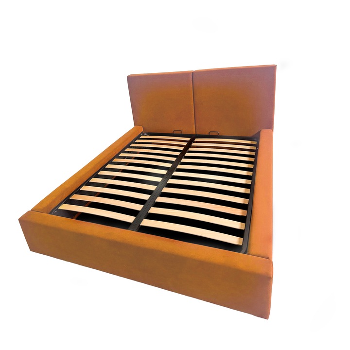 Pat tapitat Linea, cu spatiu de depozitare si somiera rabatabila, Maro, 120x200 cm