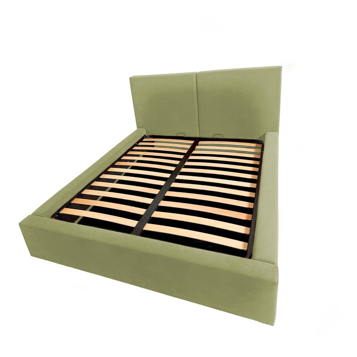 Pat tapitat Linea, cu spatiu de depozitare si somiera rabatabila, Verde, 120x200 cm