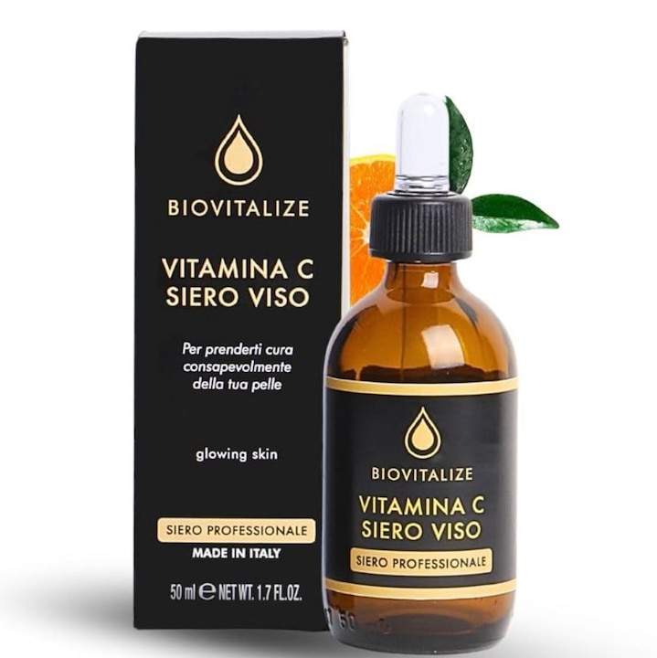 Серум за лице с витамин С, 98% натурален произход, озаряващ, против стареене и против петна, стабилизиран серум с витамин С, сияйна кожа само след няколко нанасяния, 50 мл. Произведено в Италия