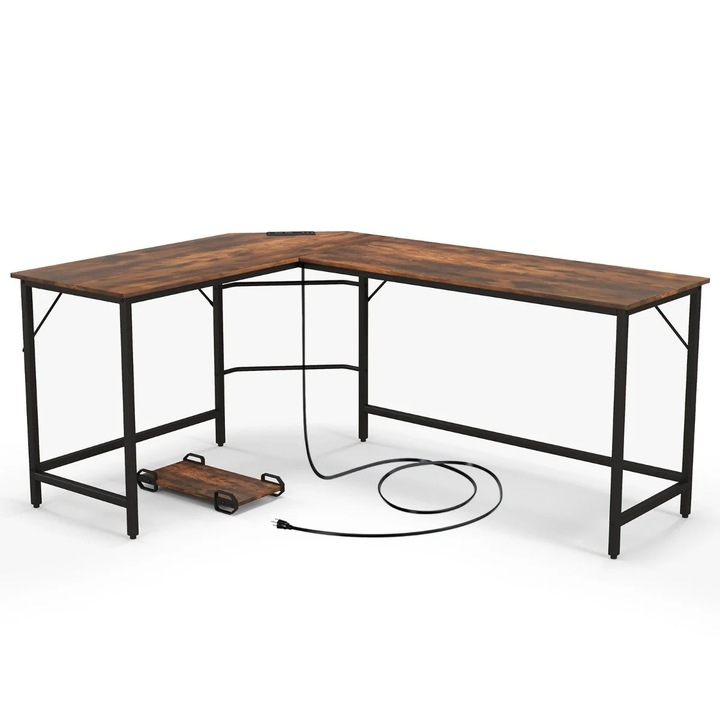 Birou de calculator B2X în formă de L, cu prize și porturi USB, maro rustic, 125x50x74,5cm