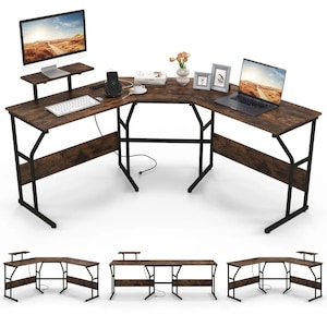 Birou în formă de L Northix cu priză și suport mobil pentru monitor, maro rustic, 148x148x91cm