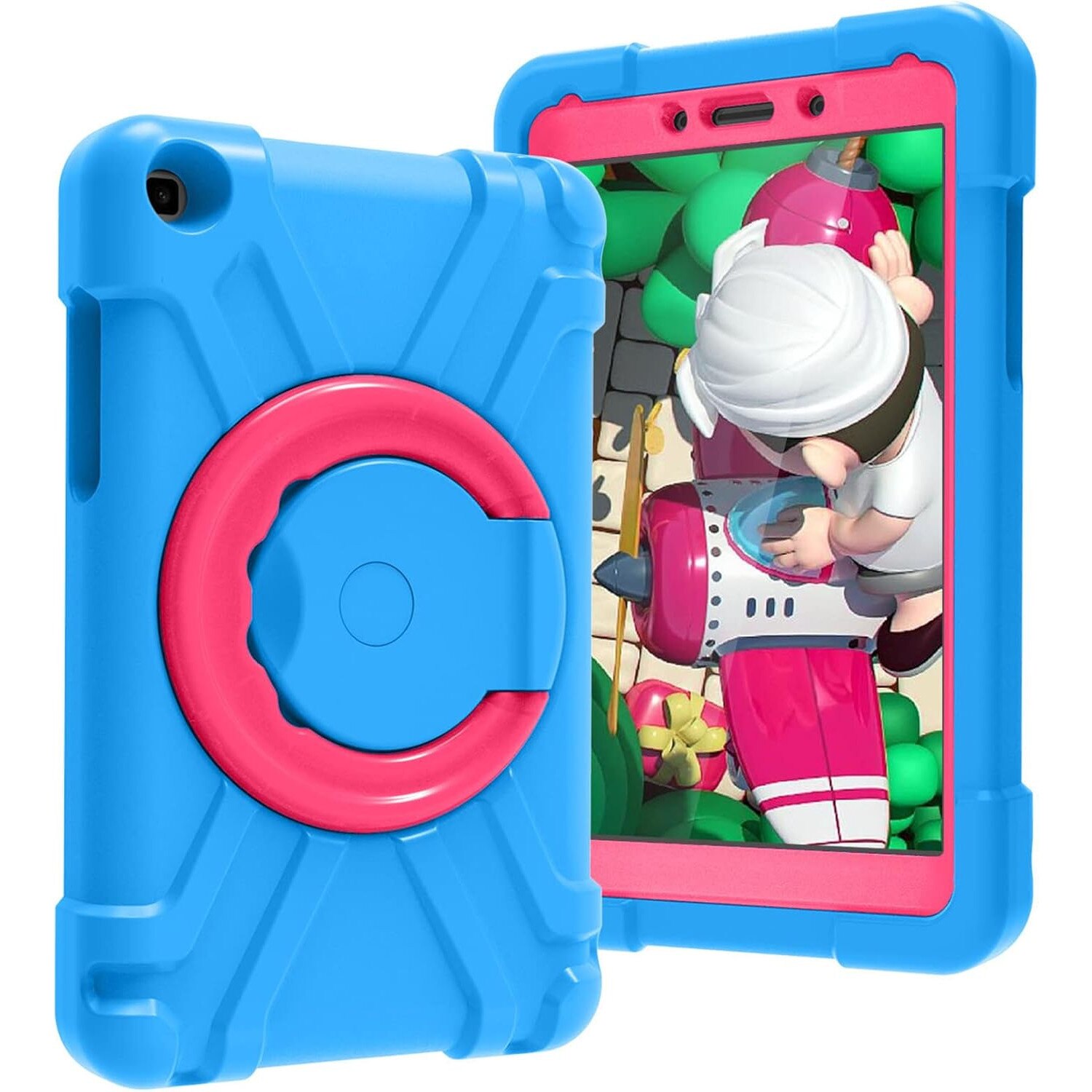 Husa Samsung Galaxy Tab A 8.0" 2019 Antisoc, Suport Rotativ 360, Albastru cu Roz