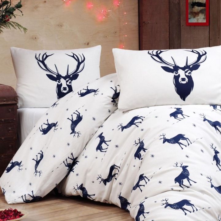 Единичен спален комплект Коледа с елени, полипамук, чаршаф 160х240 см, 3 части, Eponj Home, Син/Бял