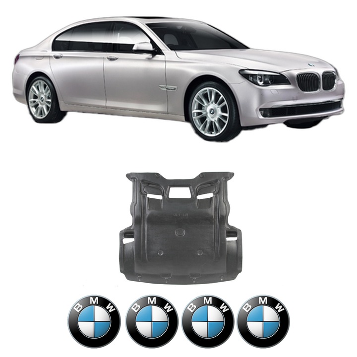 Scut motor BMW Seria 7 (F01, F02, F03, F04) din 2008-2015, protectie auto, plastic, 4x Stickere auto cu BMW