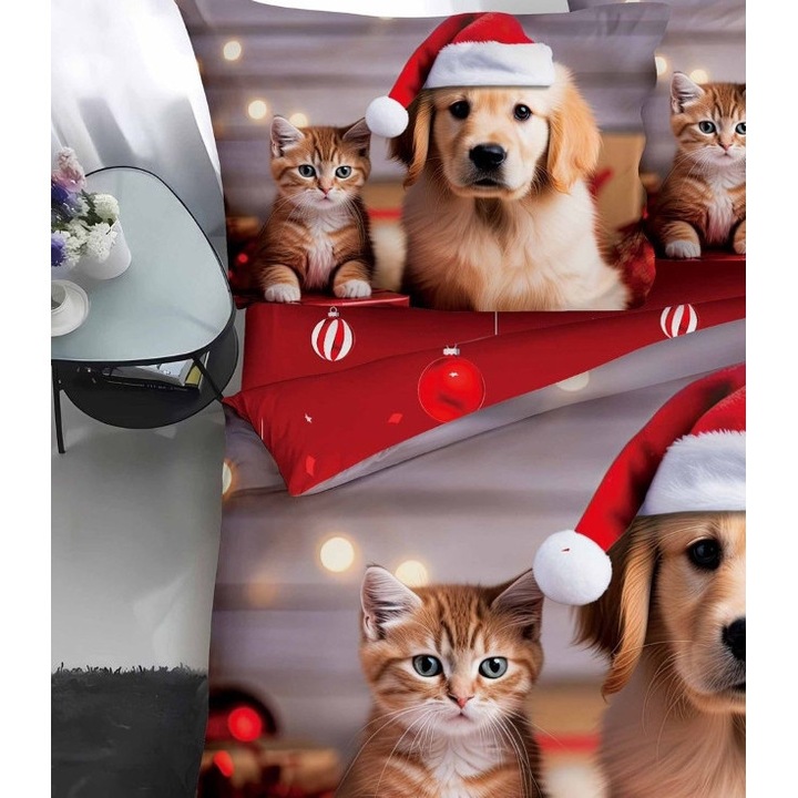 Lenjerie de Pat, Bumbac Satinat, 1 Persoana, 4 Piese, Christmas Animals, 155x220cm, Multicolor