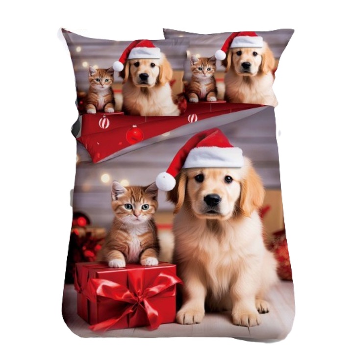 Lenjerie de Pat, Bumbac Satinat, 1 Persoana, 4 Piese, Christmas Animals, 155x220cm, Multicolor
