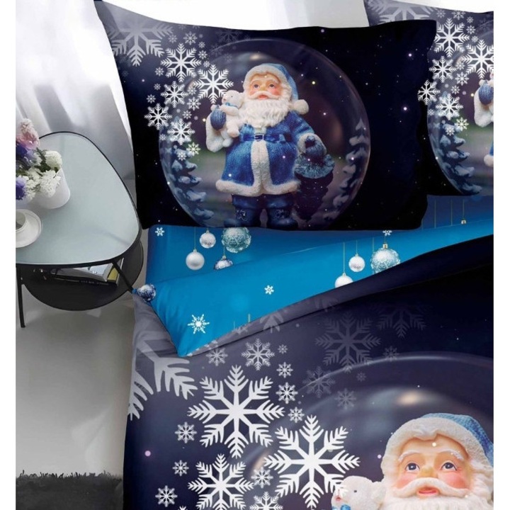 Lenjerie de Pat, Bumbac Satinat, 1 Persoana, 4 Piese, Santa Claus, 155x220cm, Bleumarin-Alb