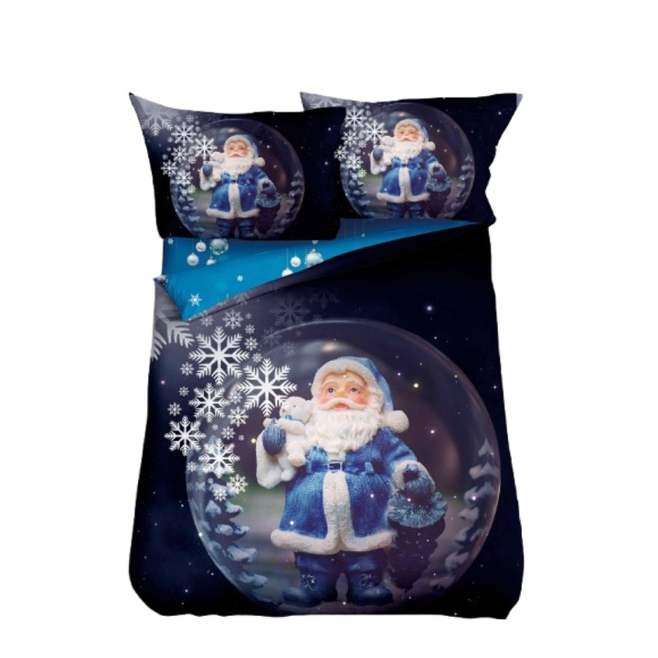 Lenjerie de Pat, Bumbac Satinat, 1 Persoana, 4 Piese, Santa Claus, 155x220cm, Bleumarin-Alb