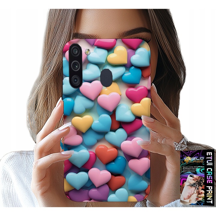 Testreszabható tok Samsung Galaxy A21-hez, World Case, gumi, színes szívek, 0,2 cm