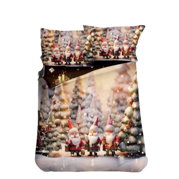 Lenjerie de Pat, Bumbac Satinat, 1 Persoana, 4 Piese, Winter Elves, 155x220cm, Multicolor