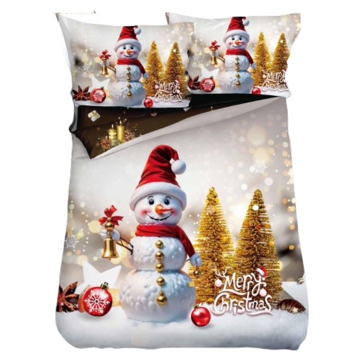 Lenjerie de Pat, Bumbac Satinat, 1 Persoana, 4 Piese, Imprimeu Peisaj de Iarna, 155x220cm, Multicolor