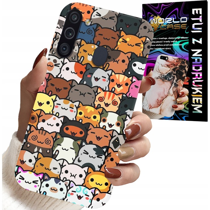 Telefontok, World Case, Samsung Galaxy A21-hez, macskás mintával, szilikon