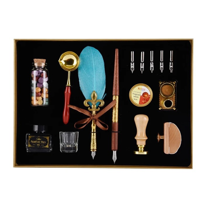 Set caligrafie vintage, cu Pana Turquoise, Old Script, penite metalice, cerneala si kit sigilare scrisori, caligrafie artistica, set premium cu accesorii complete, PYKA, turquoise