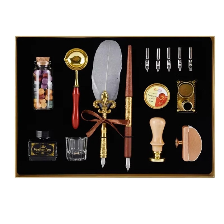 Set caligrafie vintage, cu Pana Gri, Old Script, penite metalice, cerneala si kit sigilare scrisori, caligrafie artistica, set premium cu accesorii complete, PYKA, gri