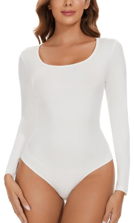 Body cu maneca lunga pentru femei, elegant sexy cu decolteu in U, slim, alb, marime XL, STARBILD