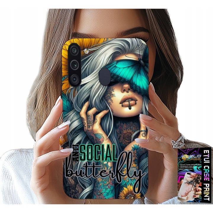 Samsung Galaxy A21 telefontok, World Case, antiszociális nyomat, pillangók, nőies, szilikon