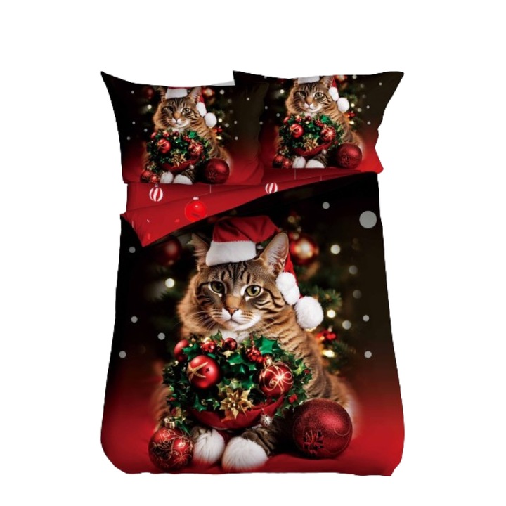 Lenjerie de Pat, Bumbac Satinat, 1 Persoana, 4 Piese, Cute Christmas Kitty, 155x220cm, Multicolor