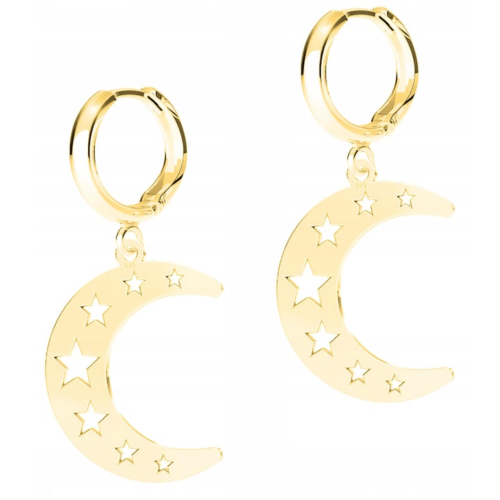 Cercei Dama, Larezo, Luna, Argint 925 Acoperit Cu Aur 585, Inaltime Bigla 17 mm x Inaltime Pandantiv 25 mm, Inchidere Carlig Englezesc, Ambalaj Cutie Pentru Bijuterii Premium, Auriu