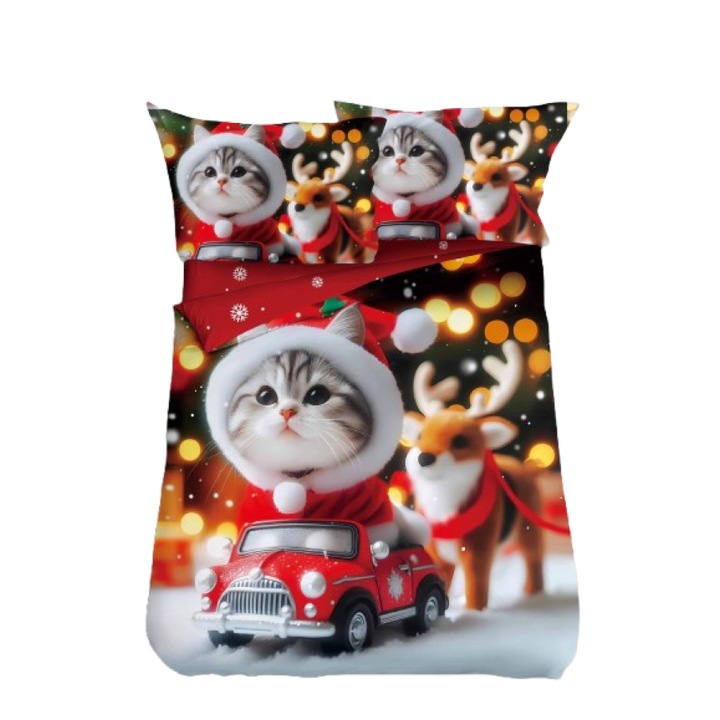 Lenjerie de Pat, Bumbac Satinat, 1 Persoana, 4 Piese, Christmas Kitty, 155x220cm, Multicolor