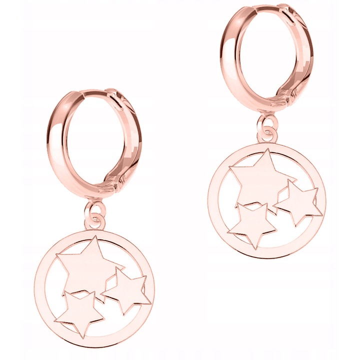 Cercei Dama, Larezo, Stele, Argint 925 Acoperit Cu Aur Roz De 18 Karate, Inaltime Bigla 17 mm x Inaltime Pandantiv 17 mm, Inchidere Carlig Englezesc, Ambalaj Cutie Pentru Bijuterii Premium, Roz