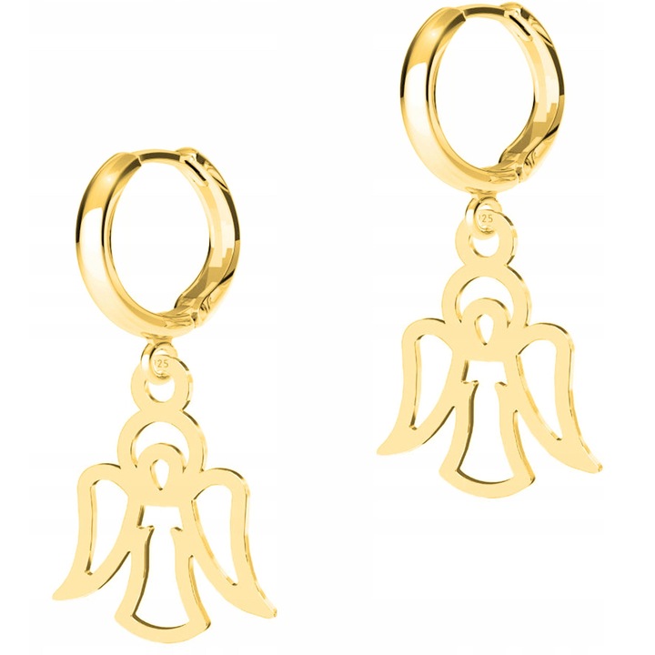 Cercei Dama, Larezo, Inger, Argint 925 Acoperit Cu Aur 585, Inaltime Bigla 17 mm x Inaltime Pandantiv 20 mm, Inchidere Carlig Englezesc, Ambalaj Cutie Pentru Bijuterii Premium, Auriu