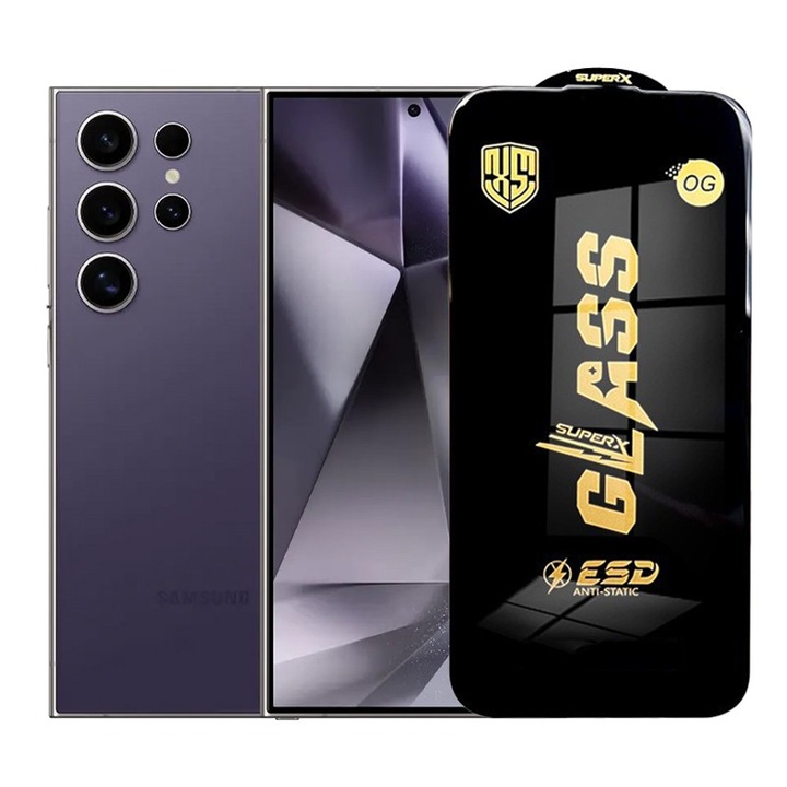 Folie de Protectie pentru Samsung Galaxy S24 Ultra, Cyrax, Sticla Securizata ESD, Margini Negre, Rezistenta la Zgirieturi, Antistatica, 0.35 mm, Transparenta