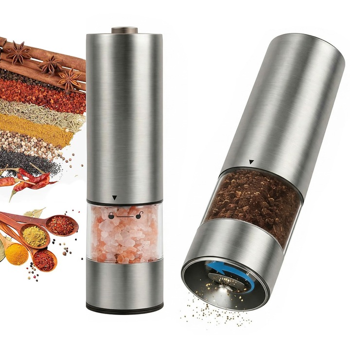 Set de 2 rasnite electrice pentru piper cu finete reglabila, COSMI, otel inoxidabil, cu recipient de stocare transparent, ideal pentru gatit si gratar, culoare argintie