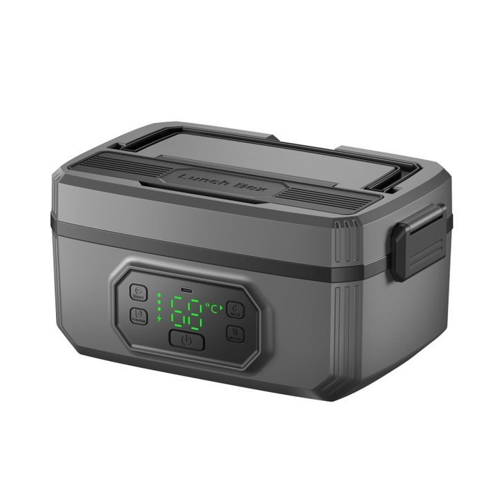 Caserola Electrica Portabila de Pranz cu Incarcare USB, pentru alimente cu acumulator, COSMI,1.2L cu incalzire incorporata, autonomie 2.5 ore, perfecta pentru pranz la birou/scoala/auto, negru