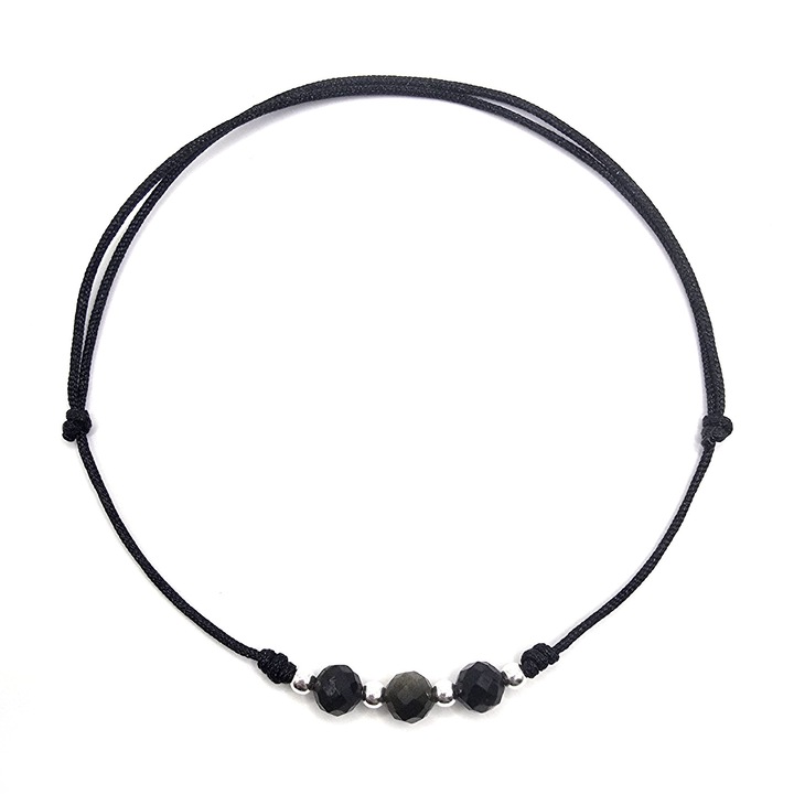 Bratara handmade, ajustabila, din argint 925, Lexy's Boutique, pietre sempretioase obsidian, negru