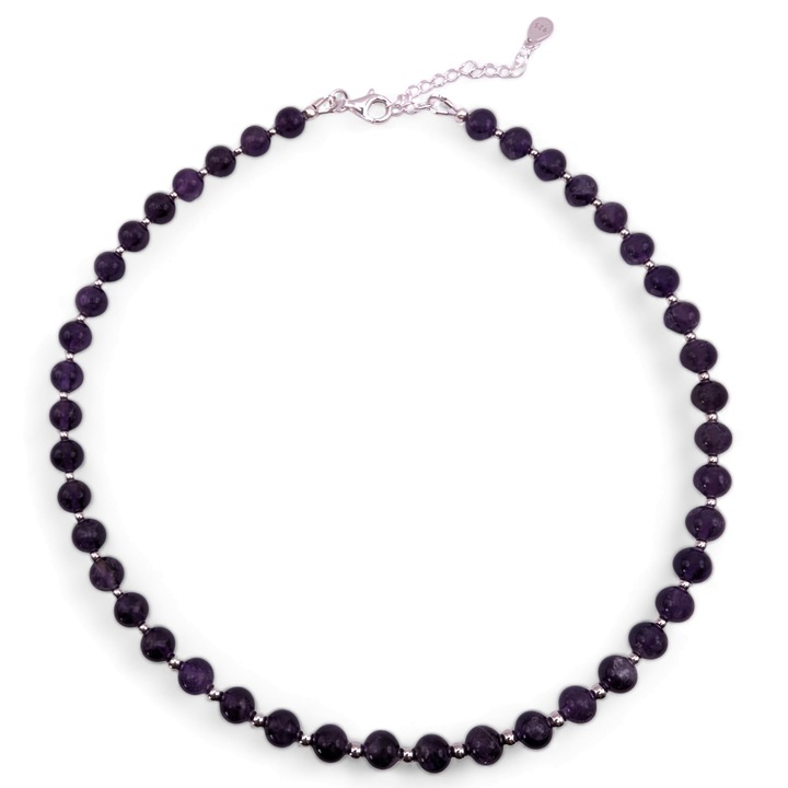 Colier handmade, ajustabil, argint 925, Lexy's Boutique, pietre semipretioase ametist, mov/argintiu, max. 44 cm