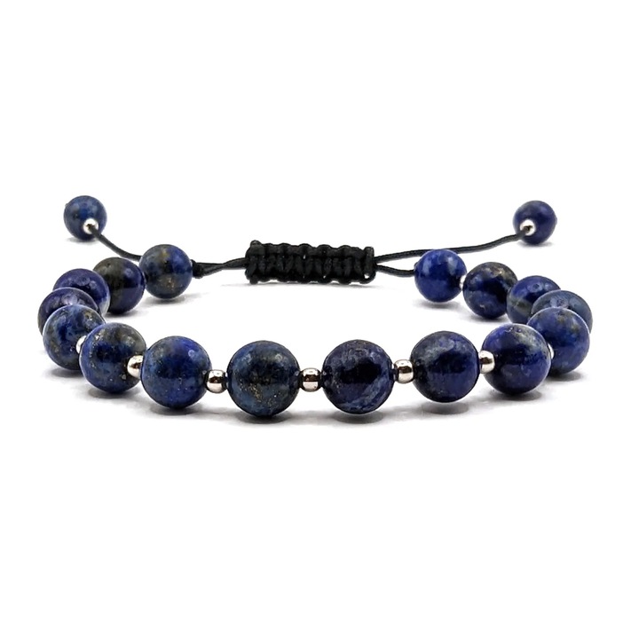 Bratara handmade, ajustabila, din argint 925, Lexy's Boutique, snur de matase, pietre semipretioase lapis lazuli, negru