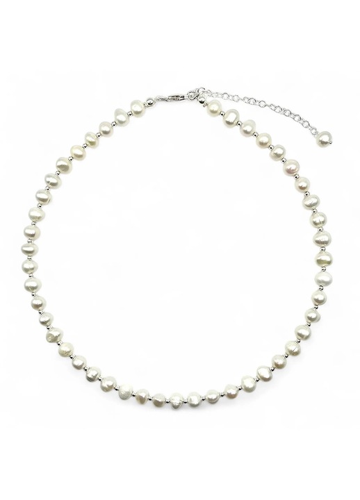 Colier handmade, ajustabil, din argint 925, Lexy's Boutique, perle de cultura, alb/argintiu, max. 45 cm