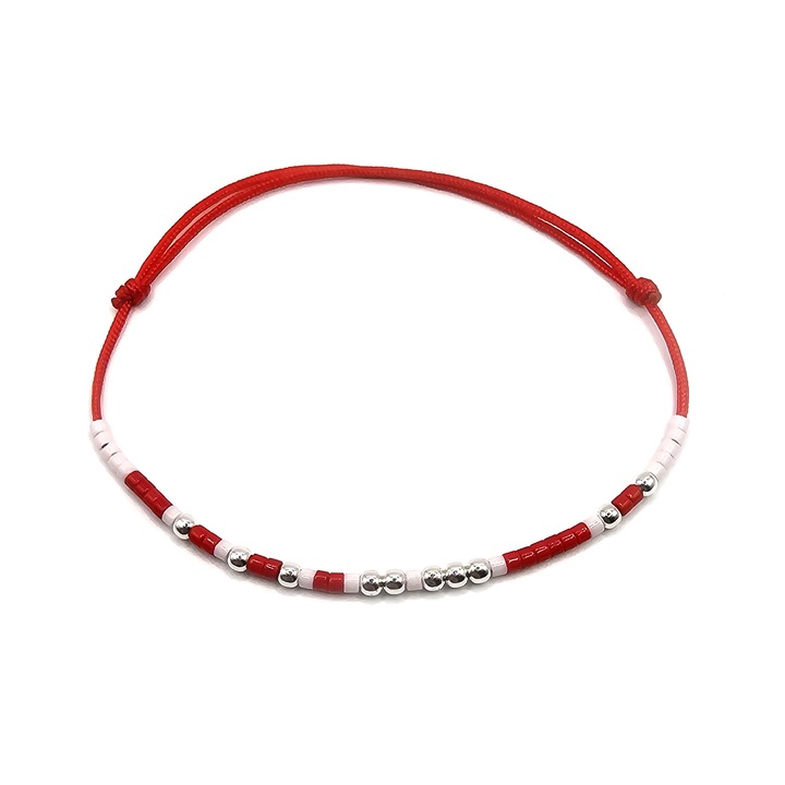 Bratara handmade, ajustabila, argint 925, Lexy's Boutique, snur de matase, margele Miyuki Delica, rosu/alb