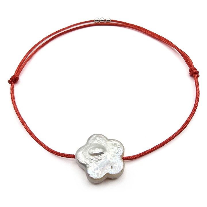 Bratara handmade, ajustabila, Lexy's Boutique, argint 925 si perla de cultura, ideala martisor, rosu/alb