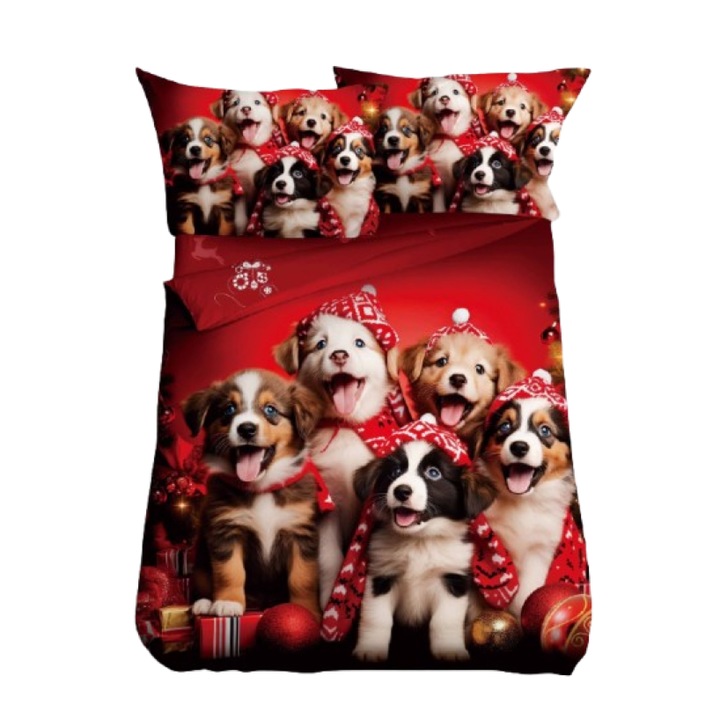 Lenjerie de Pat, Bumbac Satinat, 1 Persoana, 4 Piese, Christmas Puppies, 155x220cm, Multicolor