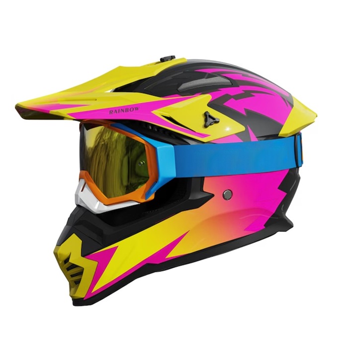 Offroad motoros sisak, szemüveg, kesztyű és védőplexi szettel, többszínű, L