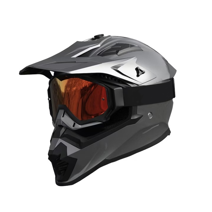 Casca de motocicleta, gri-argintiu, cu ochelari de protectie, manusi si parbriz, L