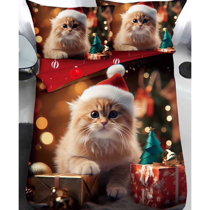 Lenjerie de Pat, Bumbac Satinat, 1 Persoana, 4 Piese, Cat on Christmas Eve, 155x220cm, Multicolor
