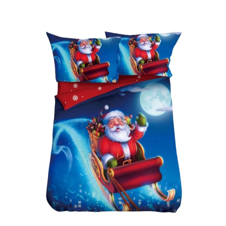 Lenjerie de Pat, Bumbac Satinat, 1 Persoana, 4 Piese, Santa Claus With His Sleigh, 155x220cm, Multicolor