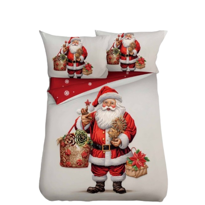 Lenjerie de Pat, Bumbac Satinat, 1 Persoana, 4 Piese, Santa Claus With Gifts, 155x220cm, Multicolor