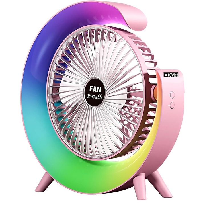 Mini Ventilator Portabil EDAR Rotund, 3 Viteze, Lumini RGB, Roz, 23.5x23.5cm