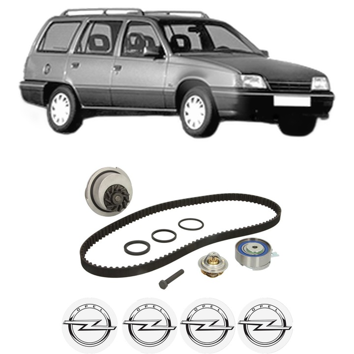 Set Kit de distributie curea intinzator pompa de apa OPEL KADETT E Estate (T85) 1.6 (C15, C35, D15, D35) din 1986-1991, KW 60 CP 82 CMC 1598, Auto, INA, 4x Stickere auto cu OPEL