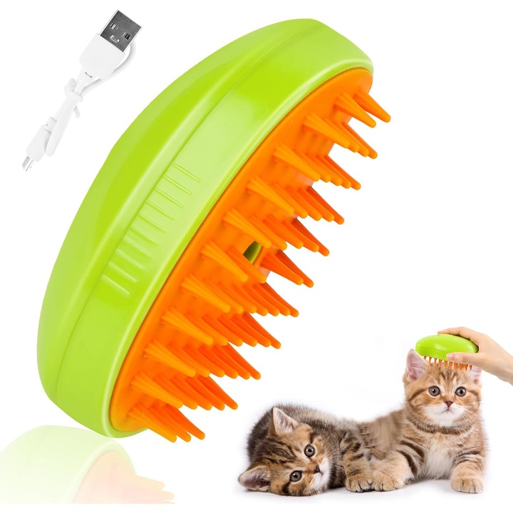 Perie 3 in 1 pentru pisici, caini sau alte animalute cu blana, cu aburi, pieptene descalcitor si masaj, verde