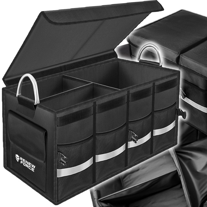 RENEW FORCE® autós csomagtartó rendszerező, multifunkcionális táska, összecsukható, 3 állítható rekesszel + 6 oldalzsebbel, 55 literes űrtartalom, Oxford 1680D anyag, fényvisszaverő csík, 60 x 33,5 x 30 cm, matt fekete TRU-MVP